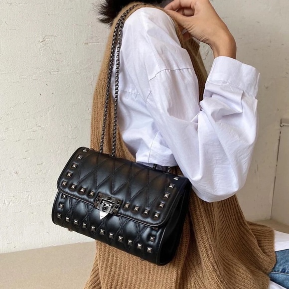 Studded Black Chain Shoulder Evening Shoulder Bag - Picture 5 of 6